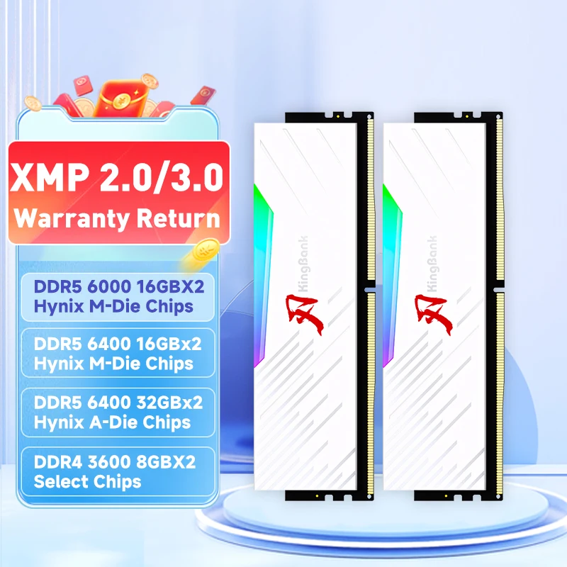 KingBank DDR4 DDR5 RGB 메모리 3600 4000 6000 6400MHz 8GBx2 16GBx2 32GBx2 64GB 오리지널 칩 듀얼 채널 멋진 데스크탑 램