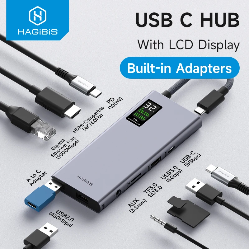 Hagibis USB C 허브 LCD 디스플레이 C타입 멀티포트 어댑터