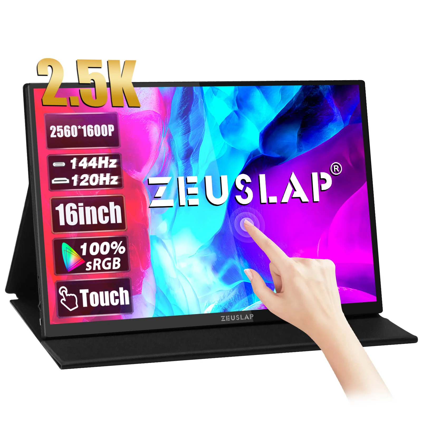 ZEUSLAP 16 인치 2.5K 144hz 터치 스크린 휴대용 모니터 2560*1600 100%sRGB 500Cd/m² 여행 디스플레이 노트북 컴퓨터용