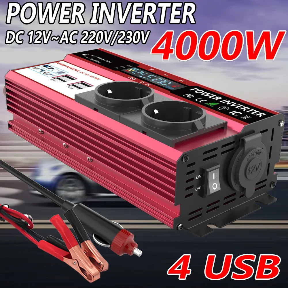 12V ~ 220V 4000W 전원 인버터 LCD 디스플레이 EU 소켓 태양광 인버터 듀얼 USB 빠른 충전 전화 노트북 자동차